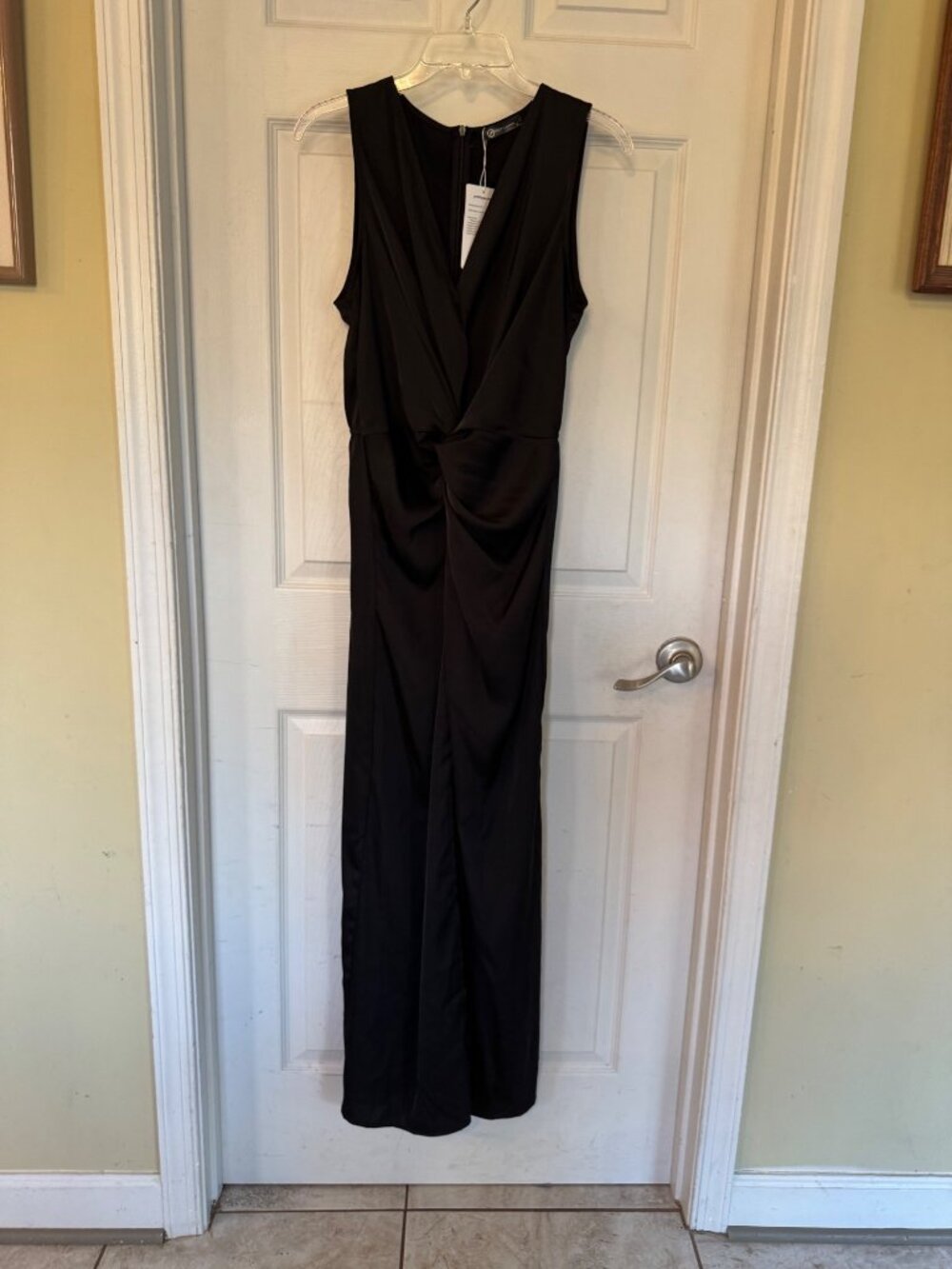 Prettygarden Sleeveless Black Draped Knot VNeck Maxi Dress Satin Large NWT - Picture 2 of 11